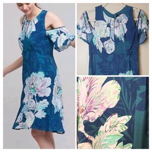 Maeve Anthropologie Sz 4 Dress Open-Shoulder Midi Green Floral Flutter NWT $138